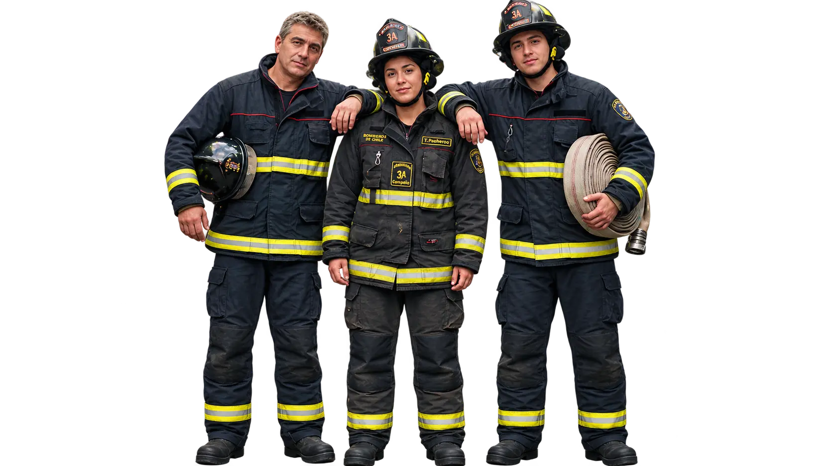 Tres bomberos y bomberas de Chile en uniforme de intervención
